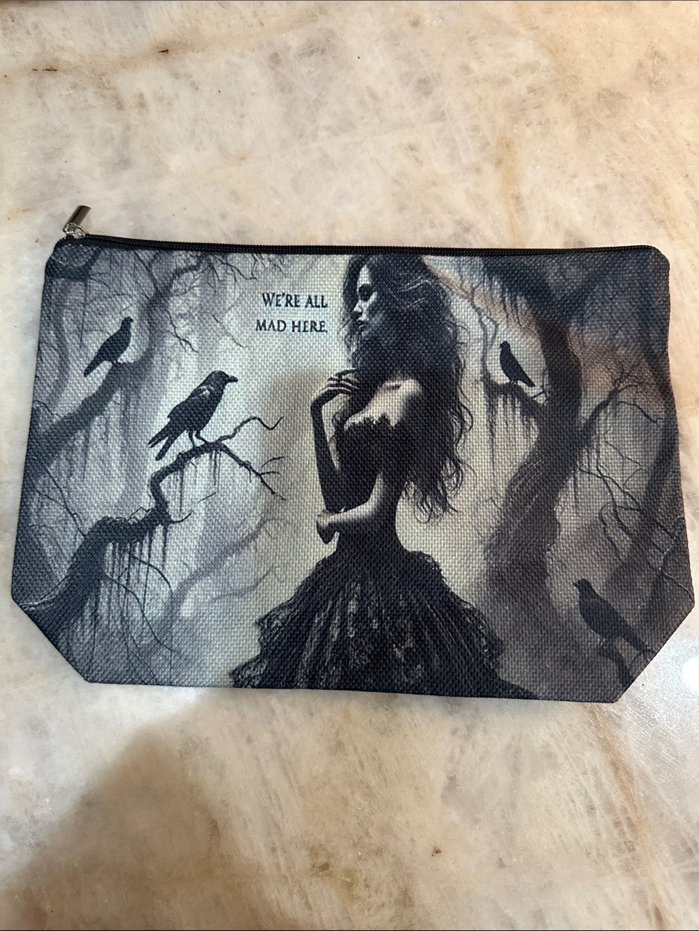 Gothic Raven Print Zipper Pouch - Black
